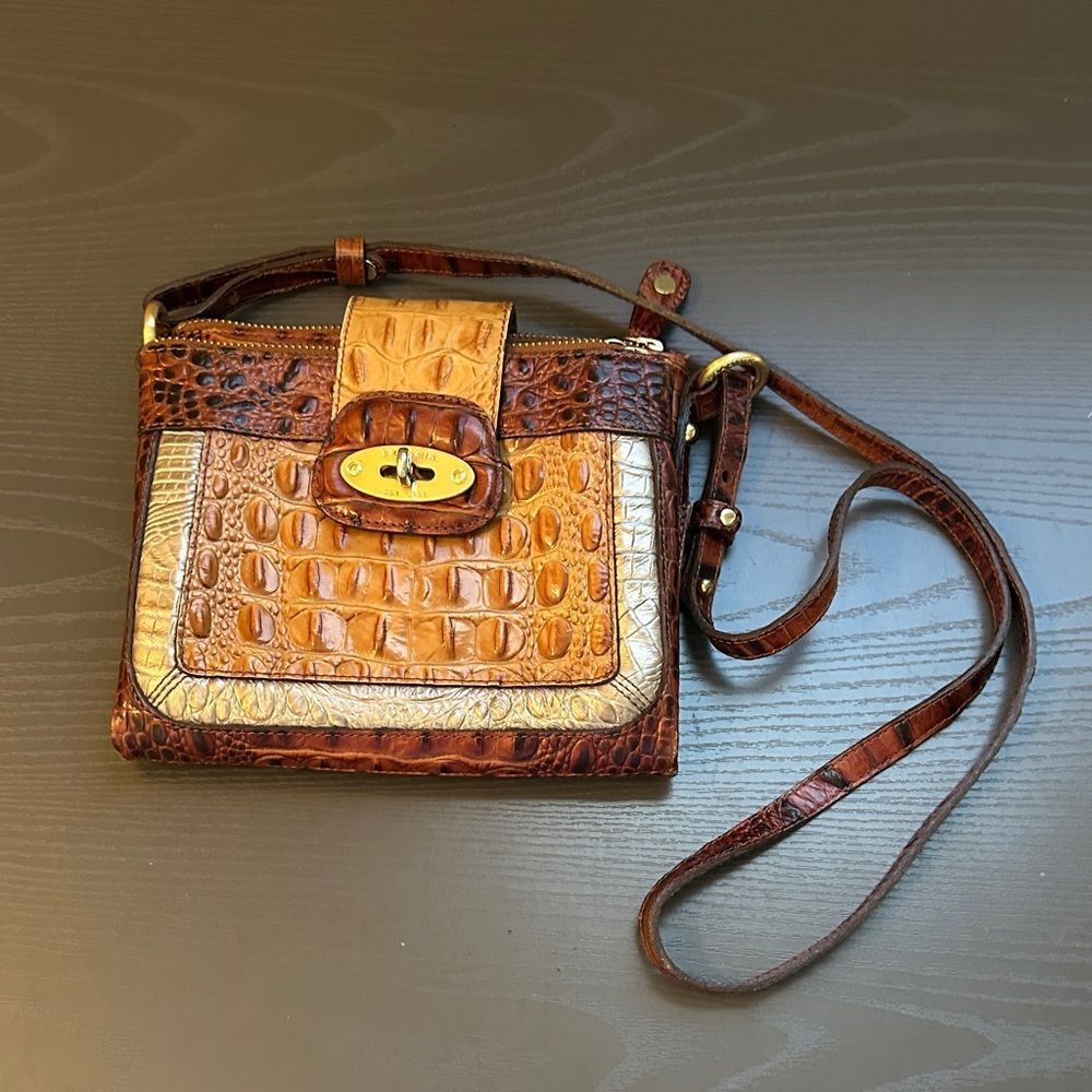 Brahmin Tan and Brown Crocodile Print Textured Crossbody Bag Gold Hardware